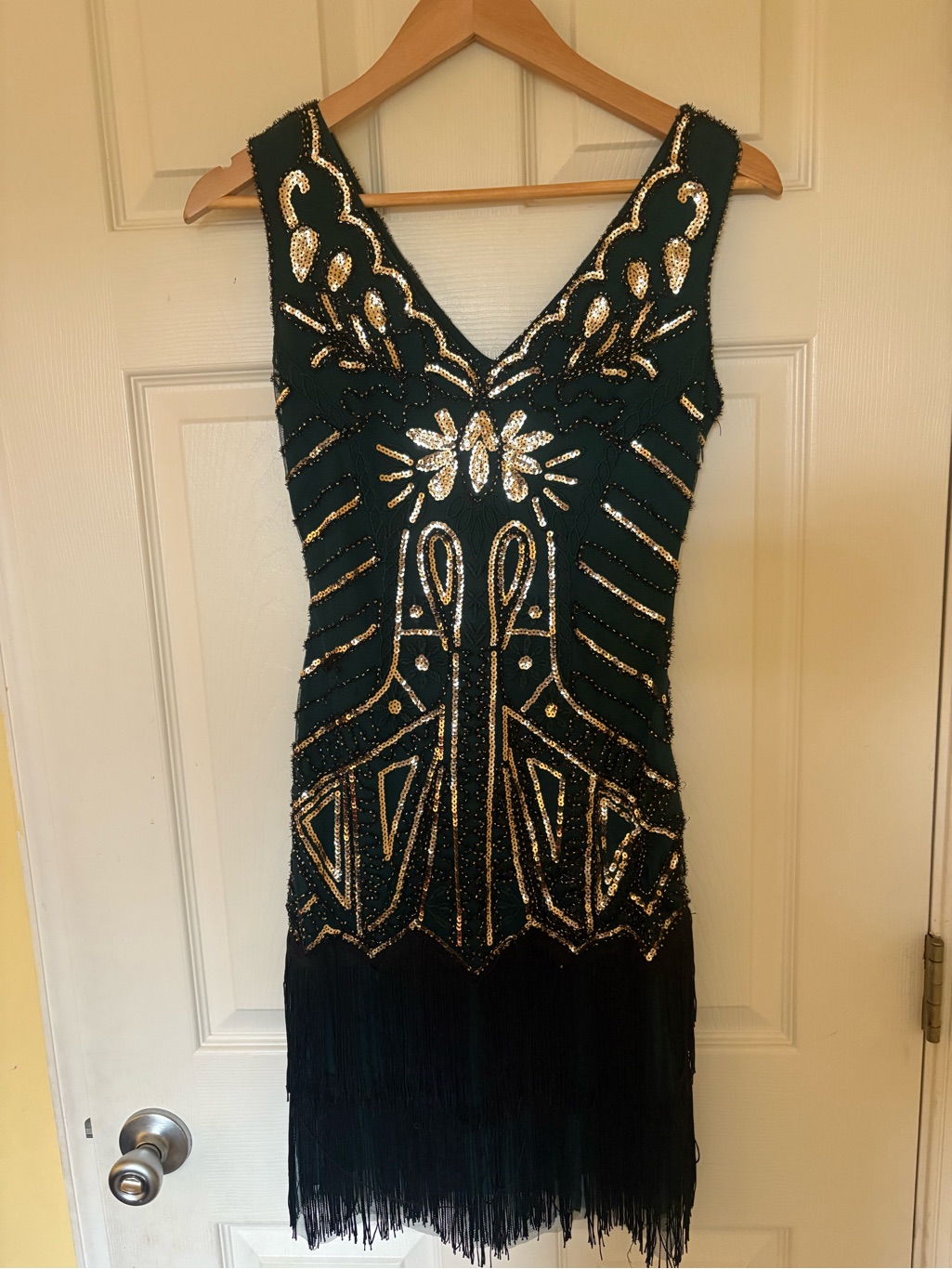 Green Beaded Fringe V-Neck Mini Dress — image 2 of 3